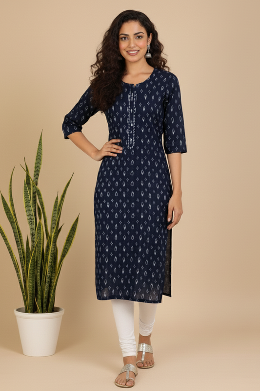 Aarvi Cotton Blend Blue Straight Kurta