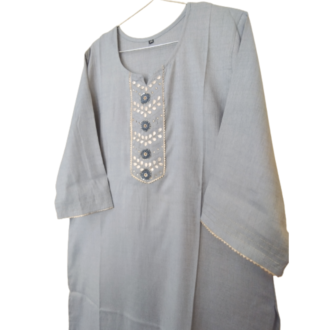 Grey Cotton Embroidery Straight Kurti