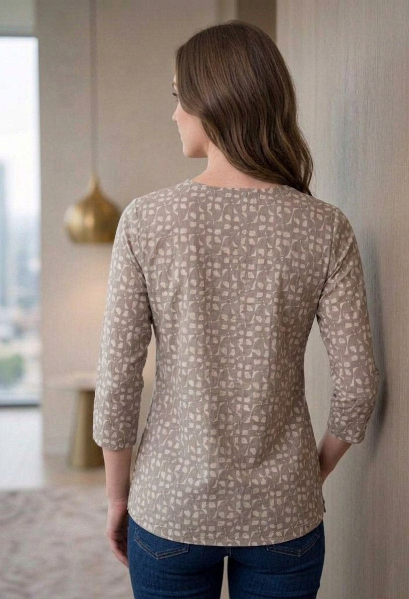 Brown Printed Cotton Short Kurti top