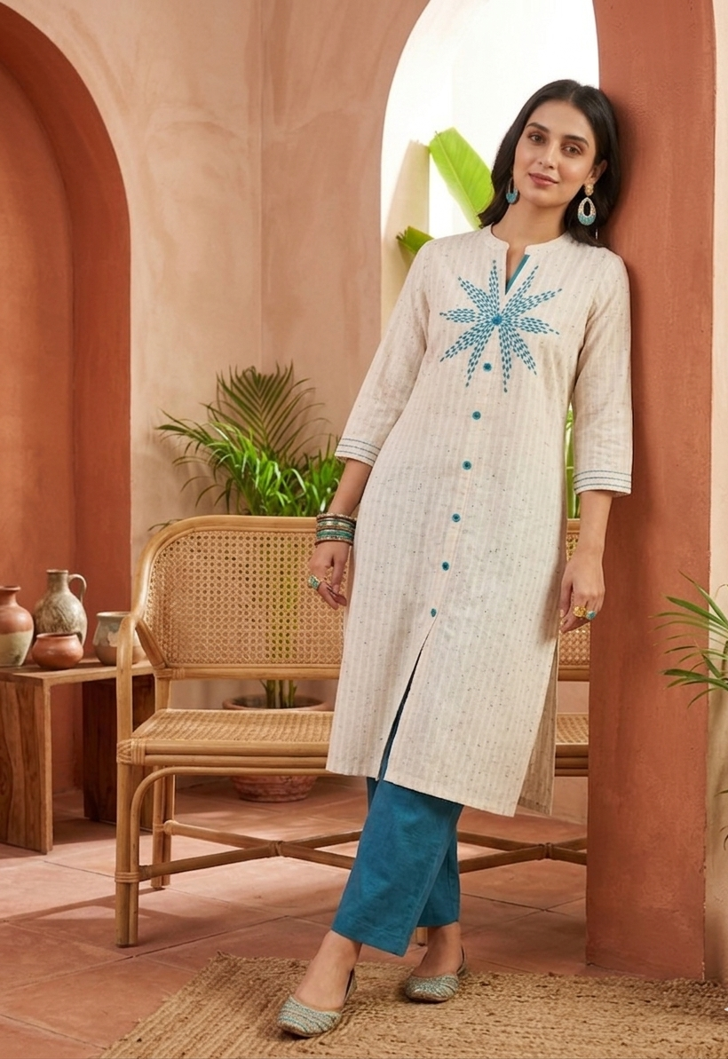 White Embroidered Khadi Cotton Straight Kurta