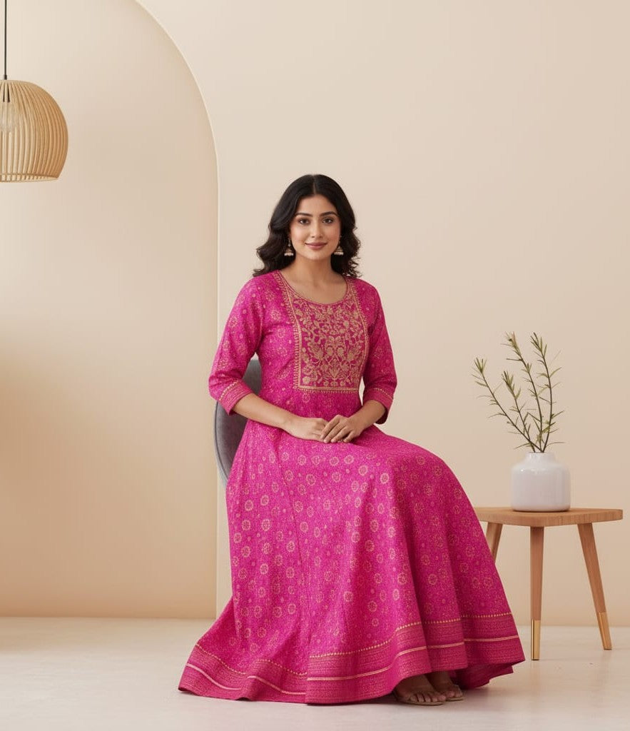 Bandhani Print Embroidered Rayon Ankle-Length Kurti