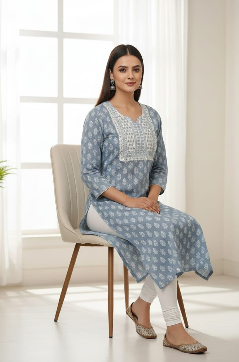 Pure Cotton Embroidered Straight Kurti With Hand Block Print