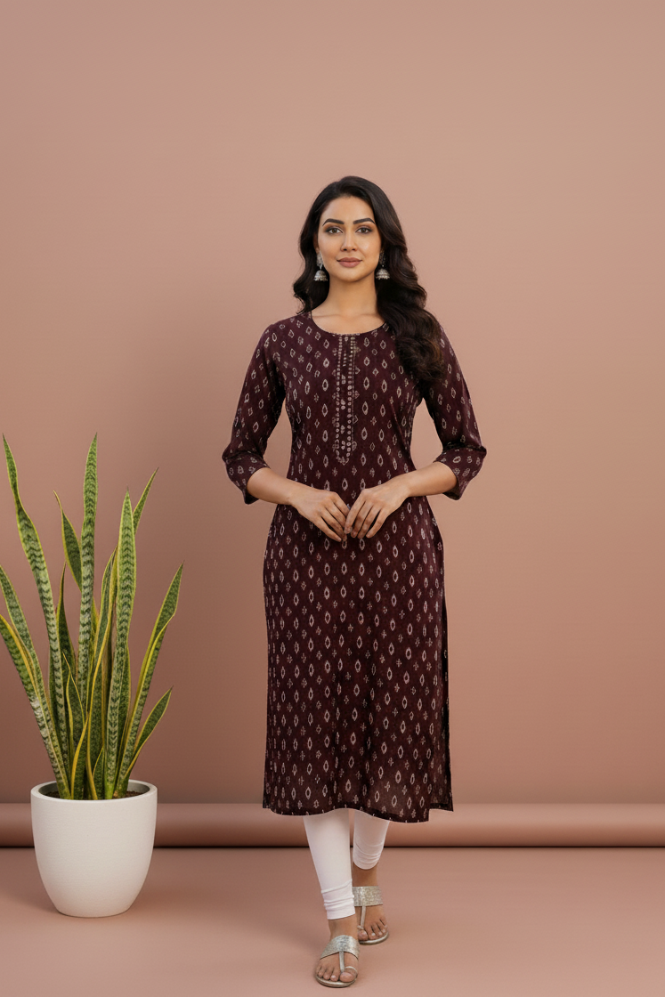 Aarvi Muslin Brown Straight Kurti