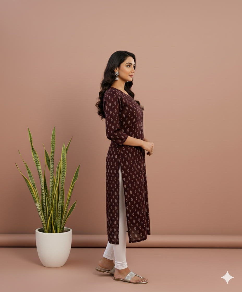 Aarvi Muslin Brown Straight Kurti
