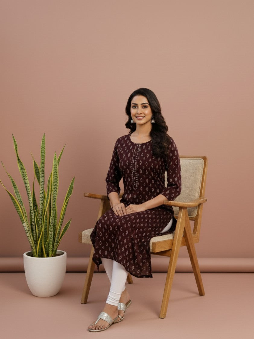 Aarvi Muslin Brown Straight Kurti