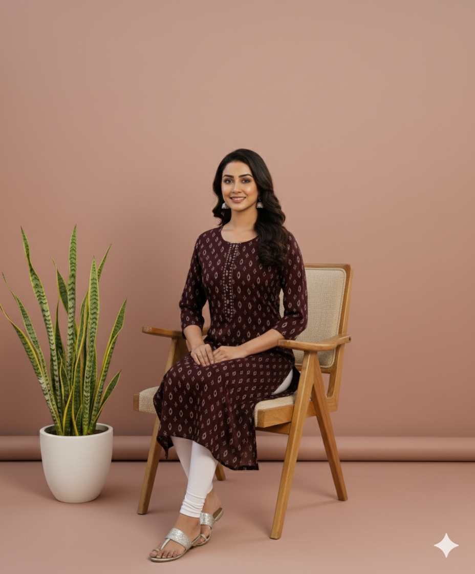 Aarvi Muslin Brown Straight Kurti