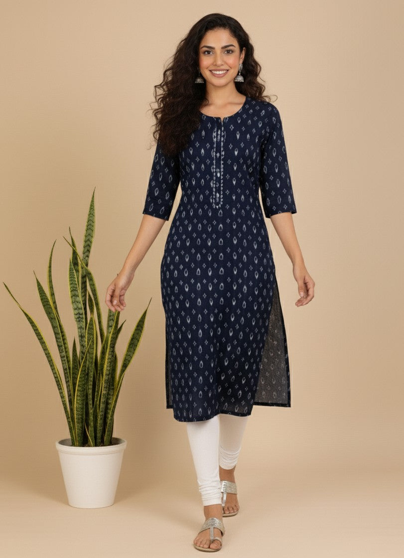 Aarvi Cotton Blend Blue Straight Kurta