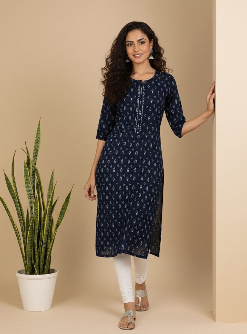 Aarvi Cotton Blend Blue Straight Kurta
