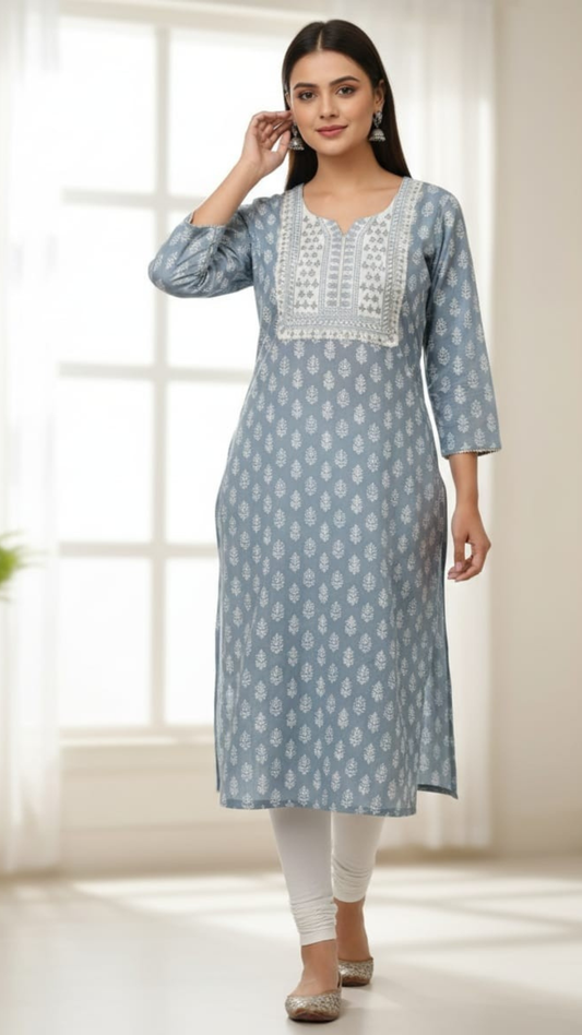 Pure Cotton Embroidered Straight Kurti With Hand Block Print