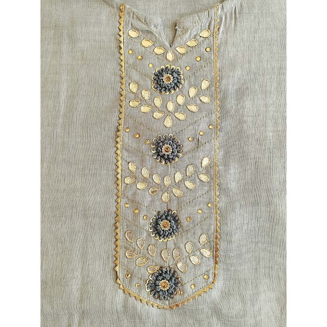 Grey Cotton Embroidery Straight Kurti