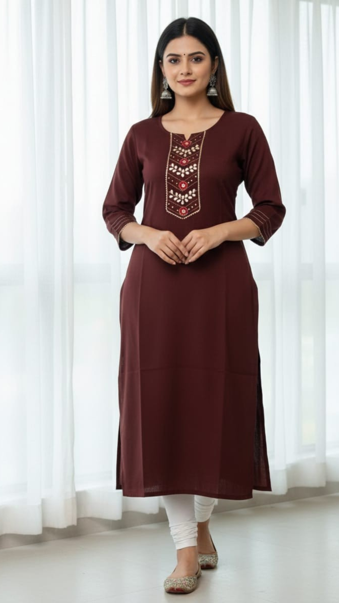 Women's Straight Kurti with Thread Embroidery & Gota Detailing