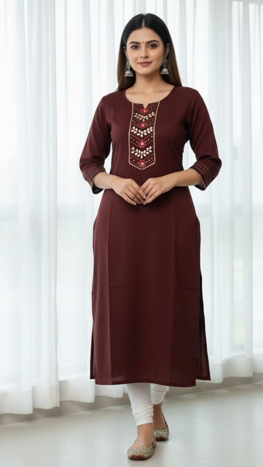 Women's Straight Kurti with Thread Embroidery & Gota Detailing