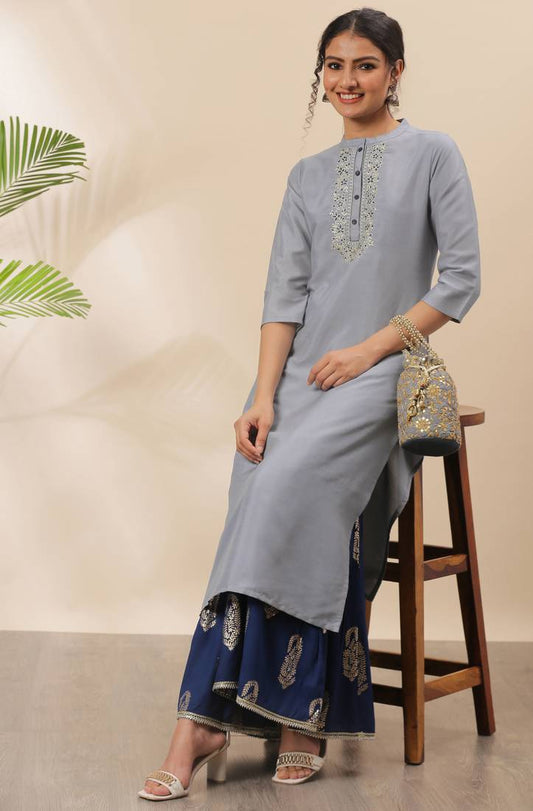 Grey Cotton Embroidery Straight Kurti