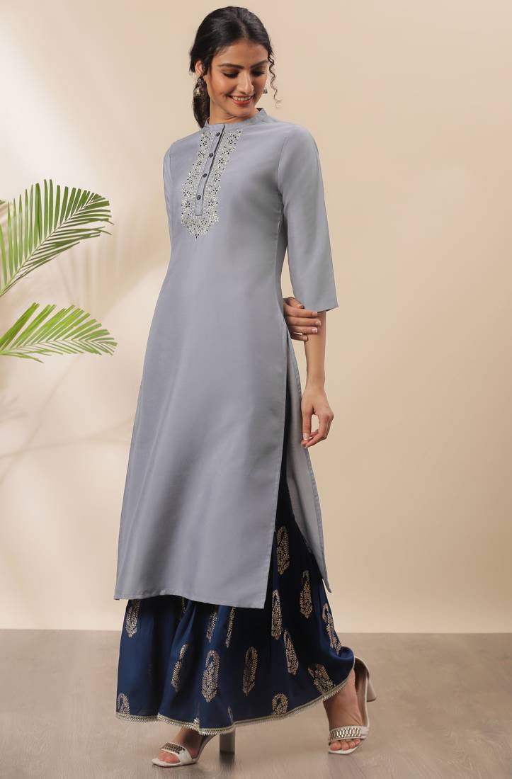 Grey Cotton Embroidery Straight Kurti