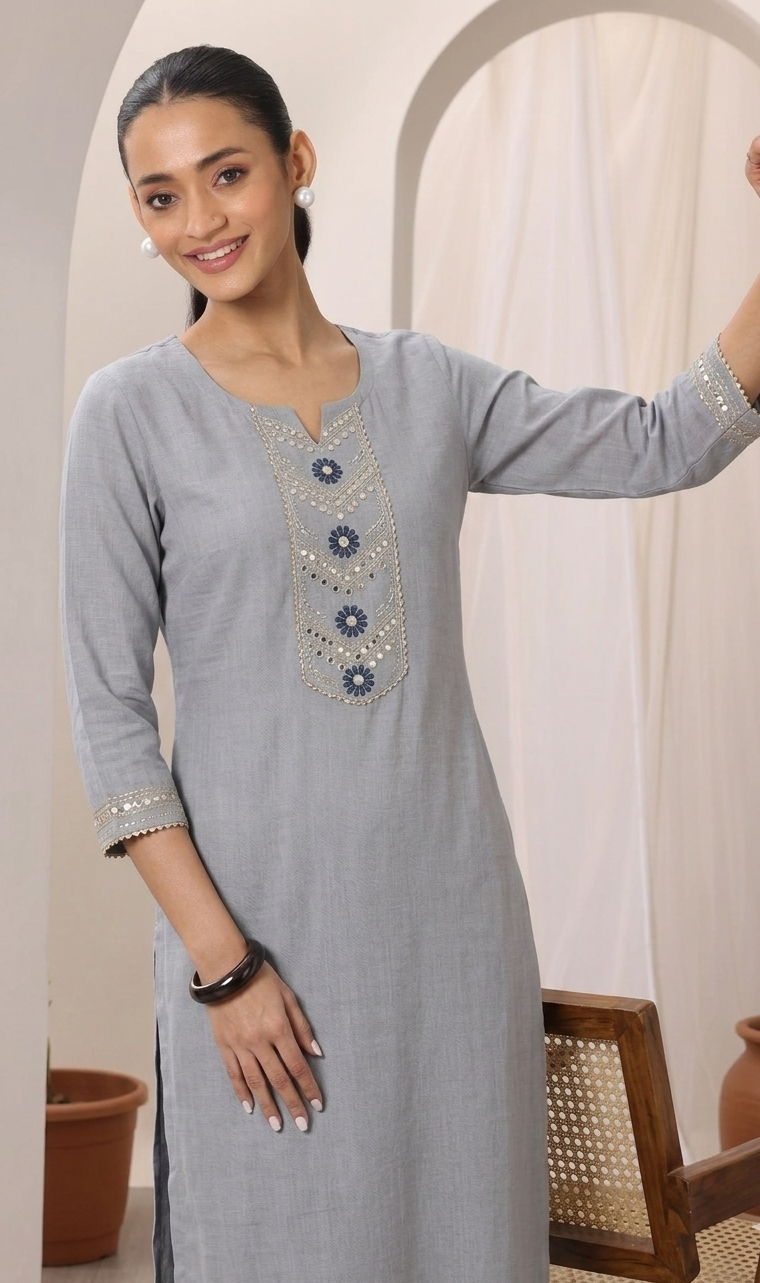 Grey Cotton Embroidery Straight Kurti