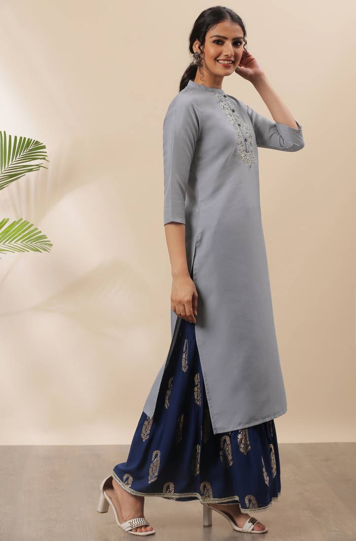 Grey Cotton Embroidery Straight Kurti