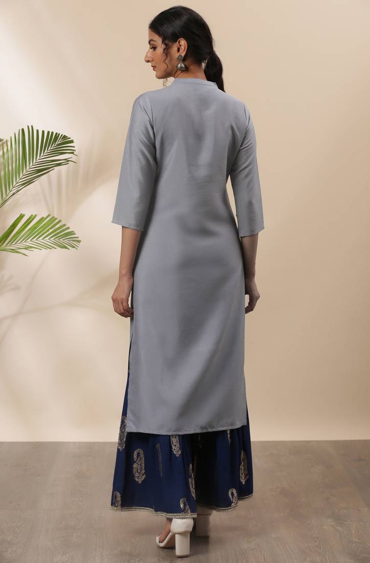 Grey Cotton Embroidery Straight Kurti