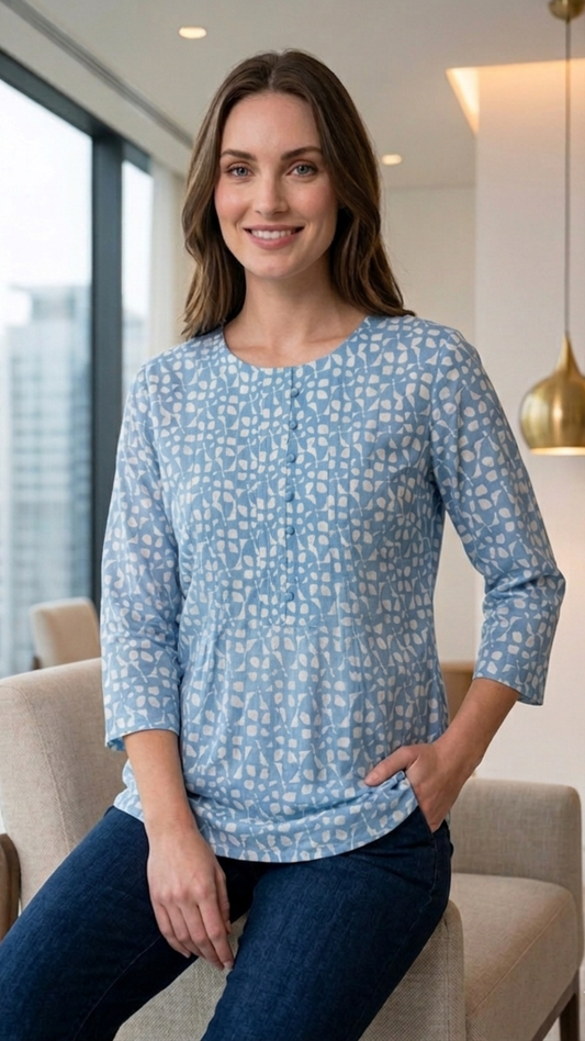 Blue Printed Cotton Short Kurti top