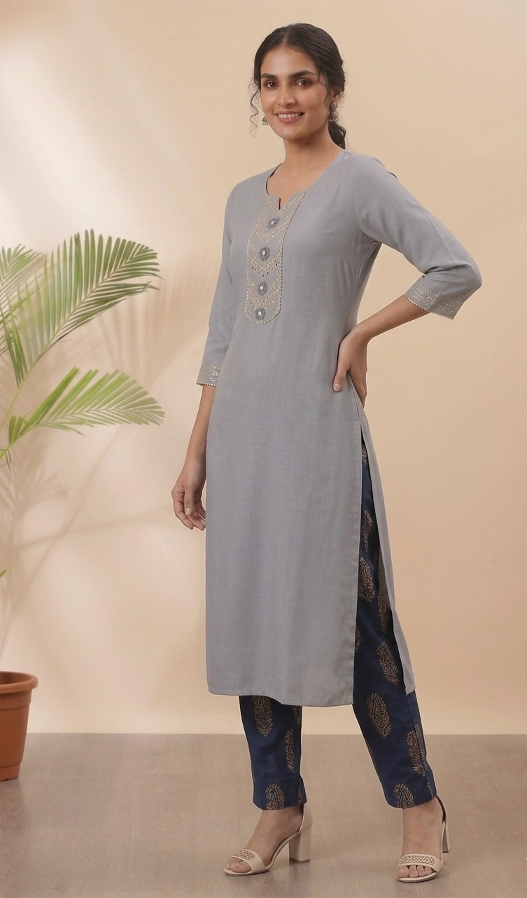 Grey Cotton Embroidery Straight Kurti