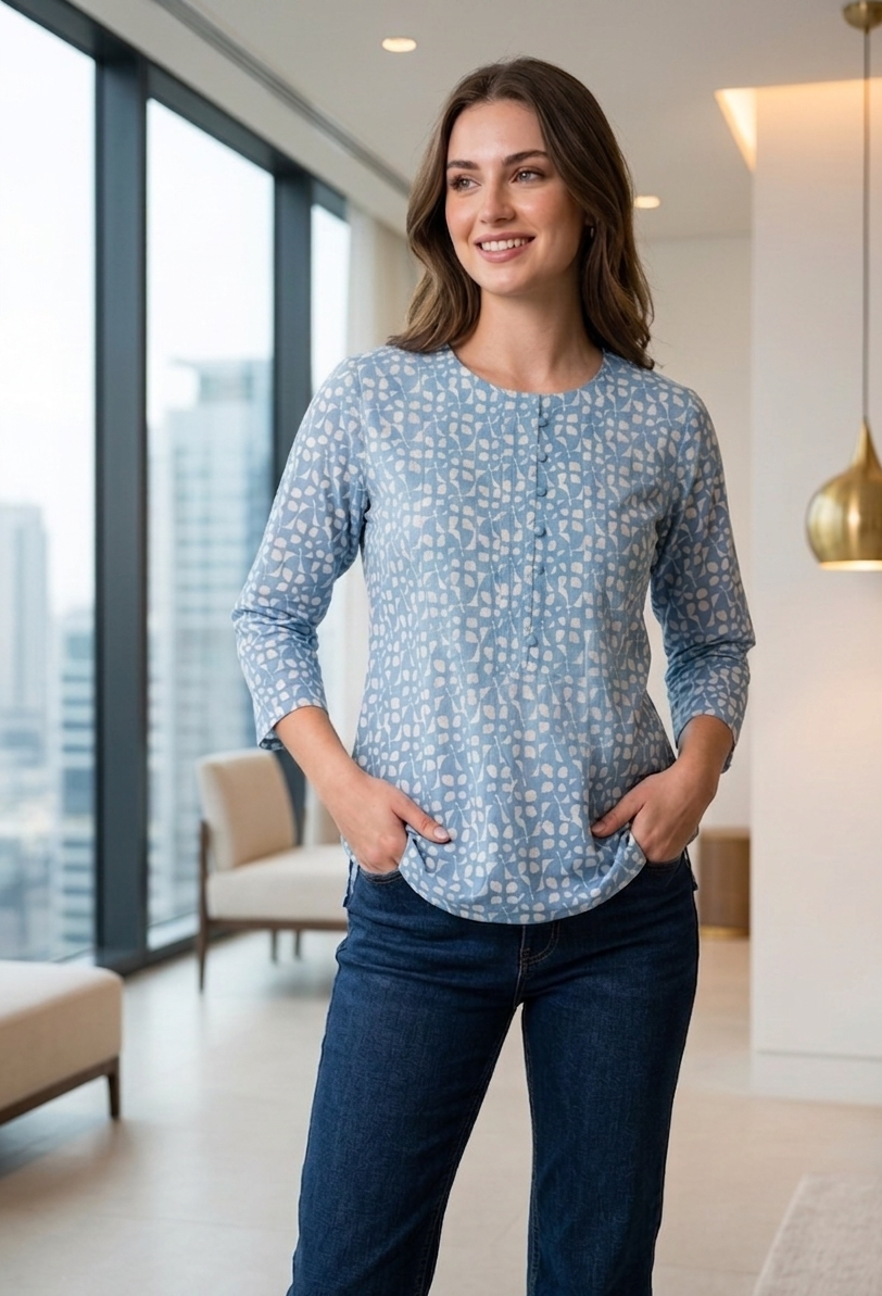 Blue Printed Cotton Short Kurti top
