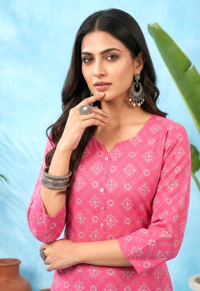 Pink Batik Printed Cotton Straight Kurti