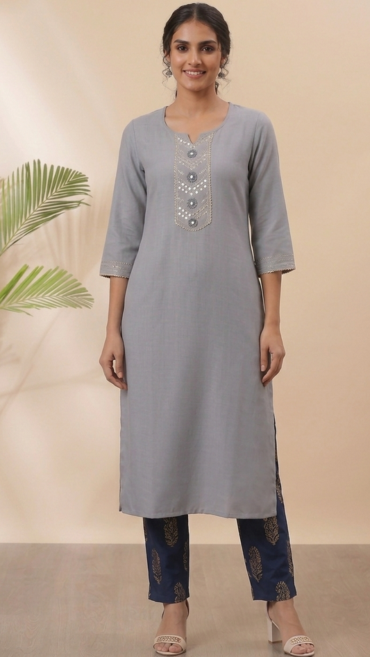 Grey Cotton Embroidery Straight Kurti