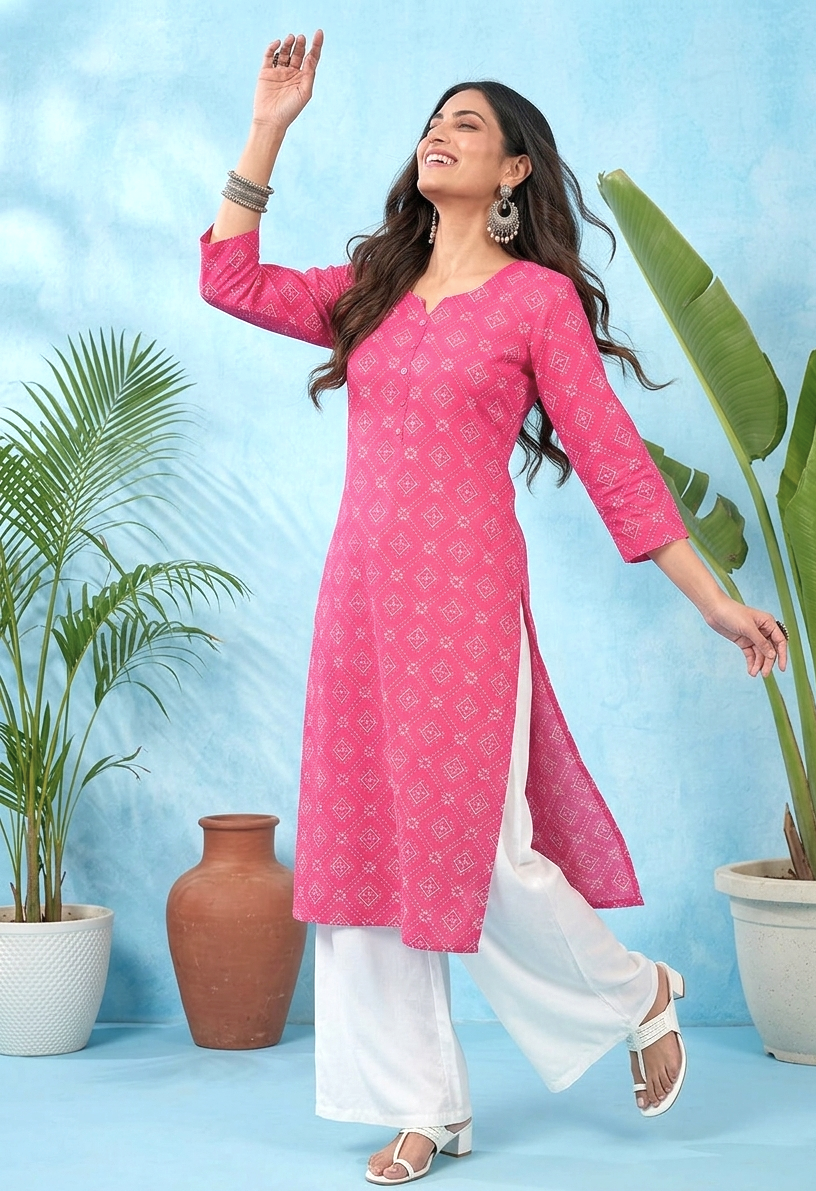 Pink Batik Printed Cotton Straight Kurti
