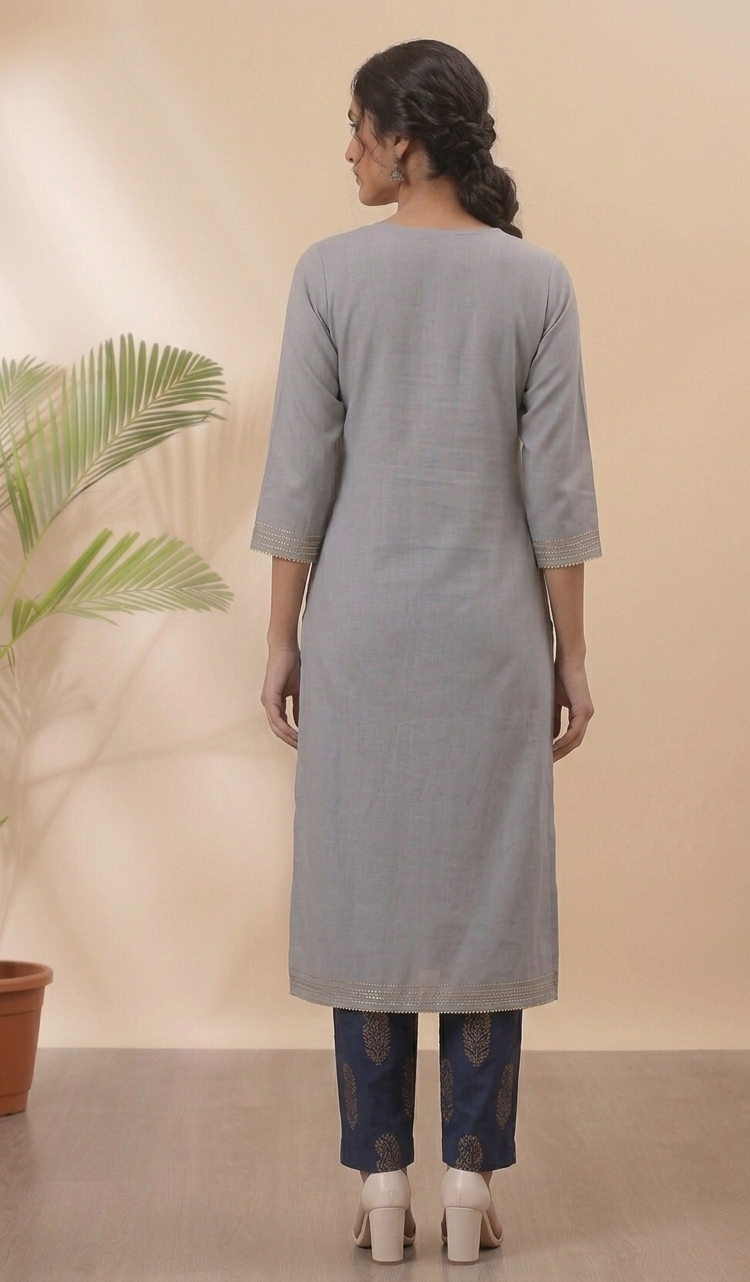 Grey Cotton Embroidery Straight Kurti