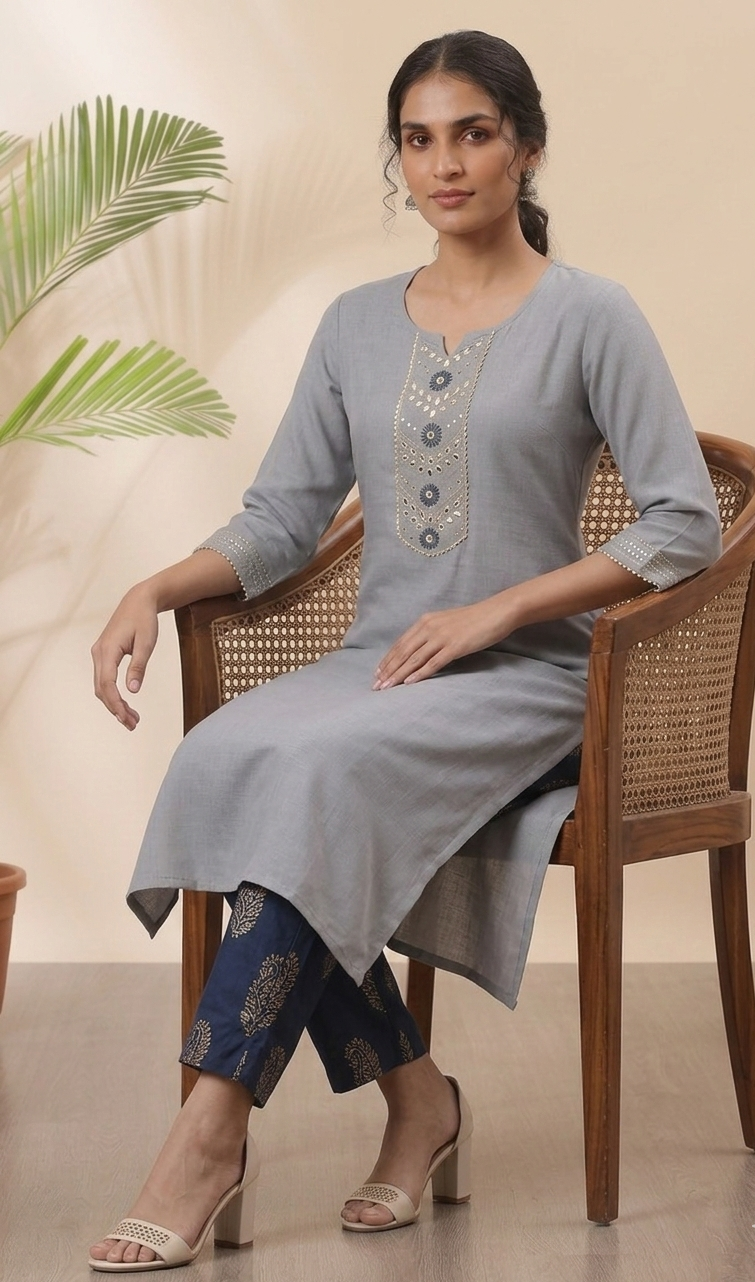 Grey Cotton Embroidery Straight Kurti
