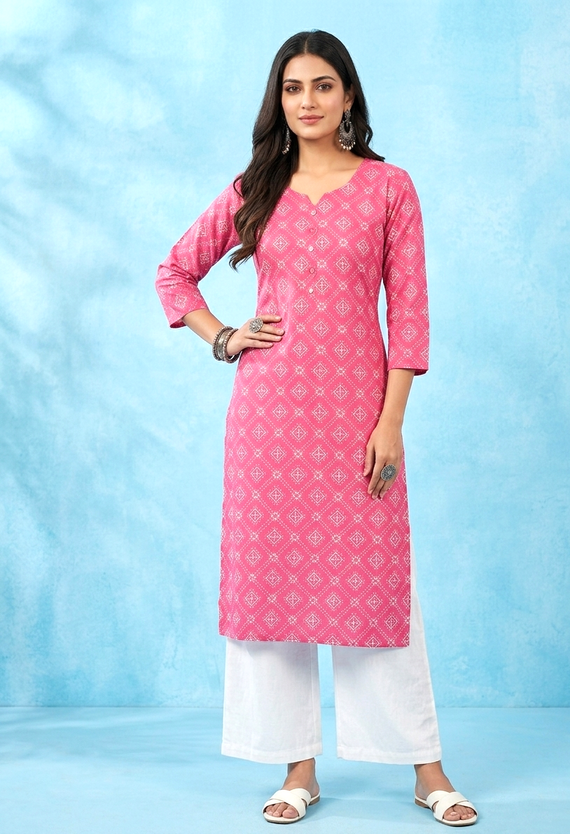 Pink Batik Printed Cotton Straight Kurti
