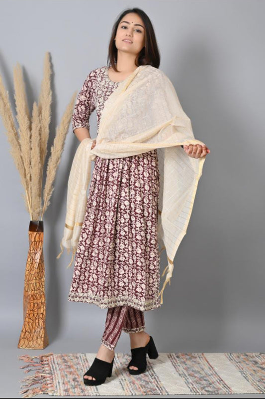 Floral Printed Anarkali Kurti Pant Dupatta set