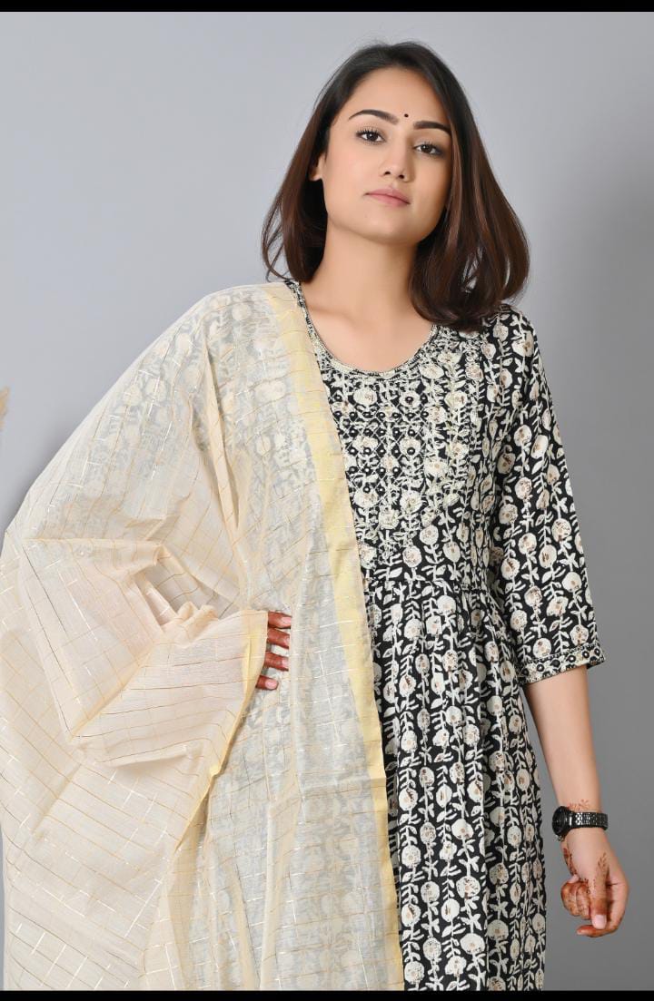 Floral Printed Anarkali Kurti Pant Dupatta set