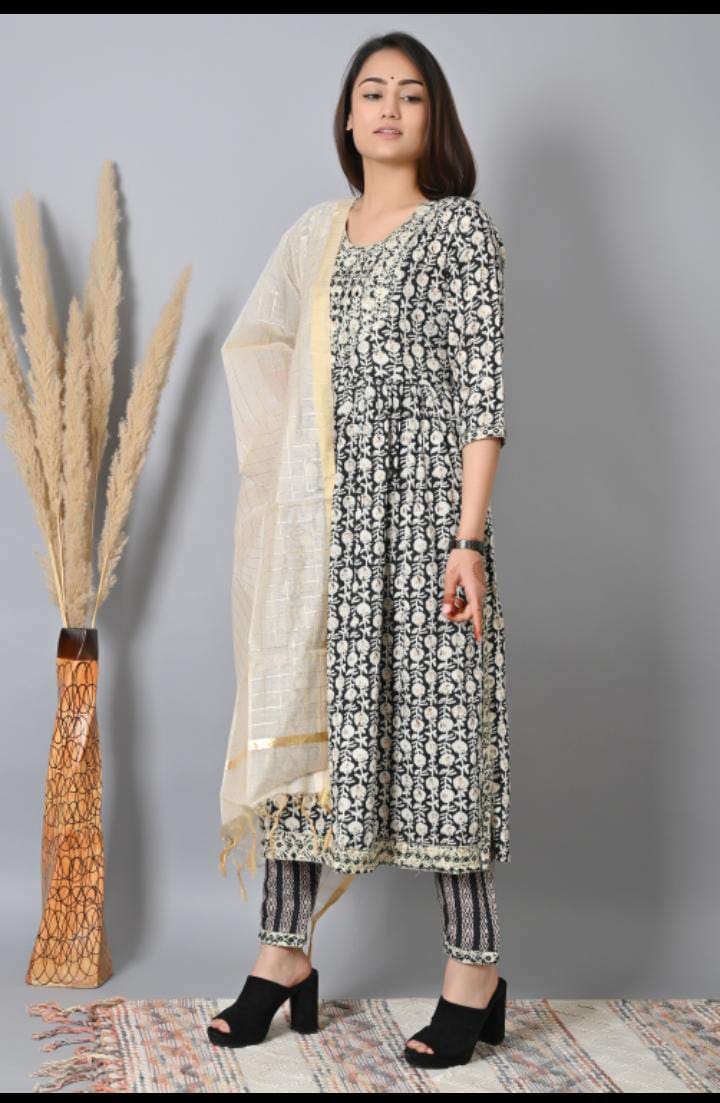 Floral Printed Anarkali Kurti Pant Dupatta set