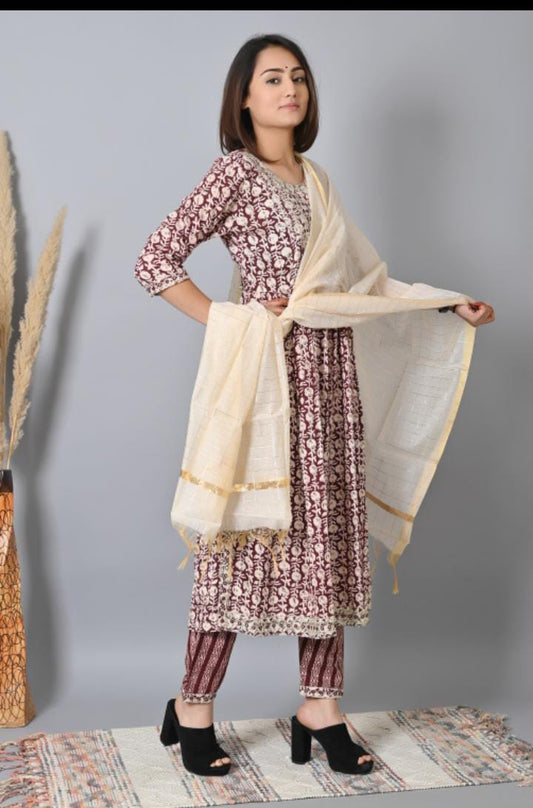 Floral Printed Anarkali Kurti Pant Dupatta set