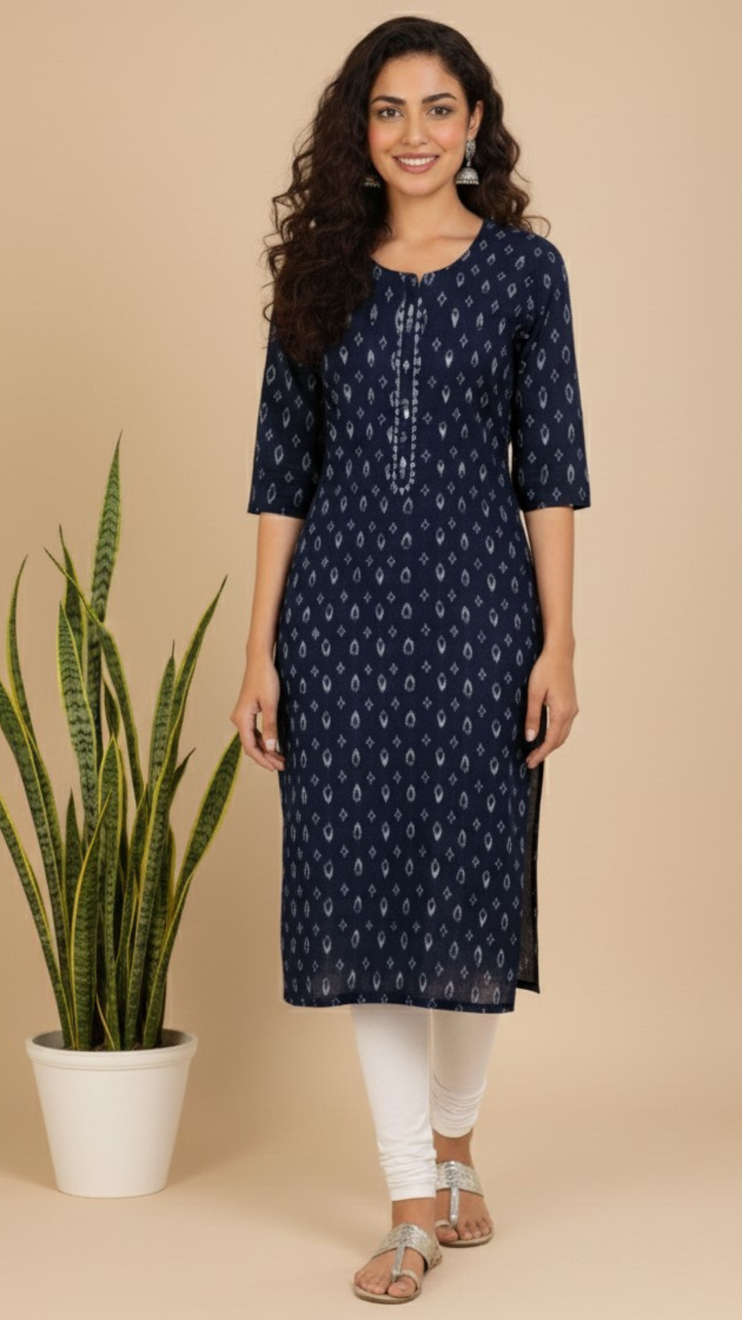 Aarvi Cotton Blend Blue Straight Kurta