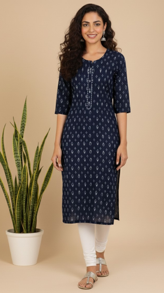 Aarvi Cotton Blend Blue Straight Kurta