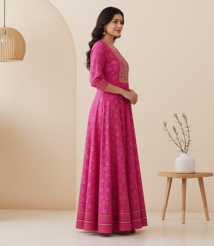 Bandhani Print Embroidered Rayon Ankle-Length Kurti