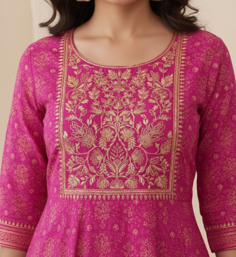 Bandhani Print Embroidered Rayon Ankle-Length Kurti