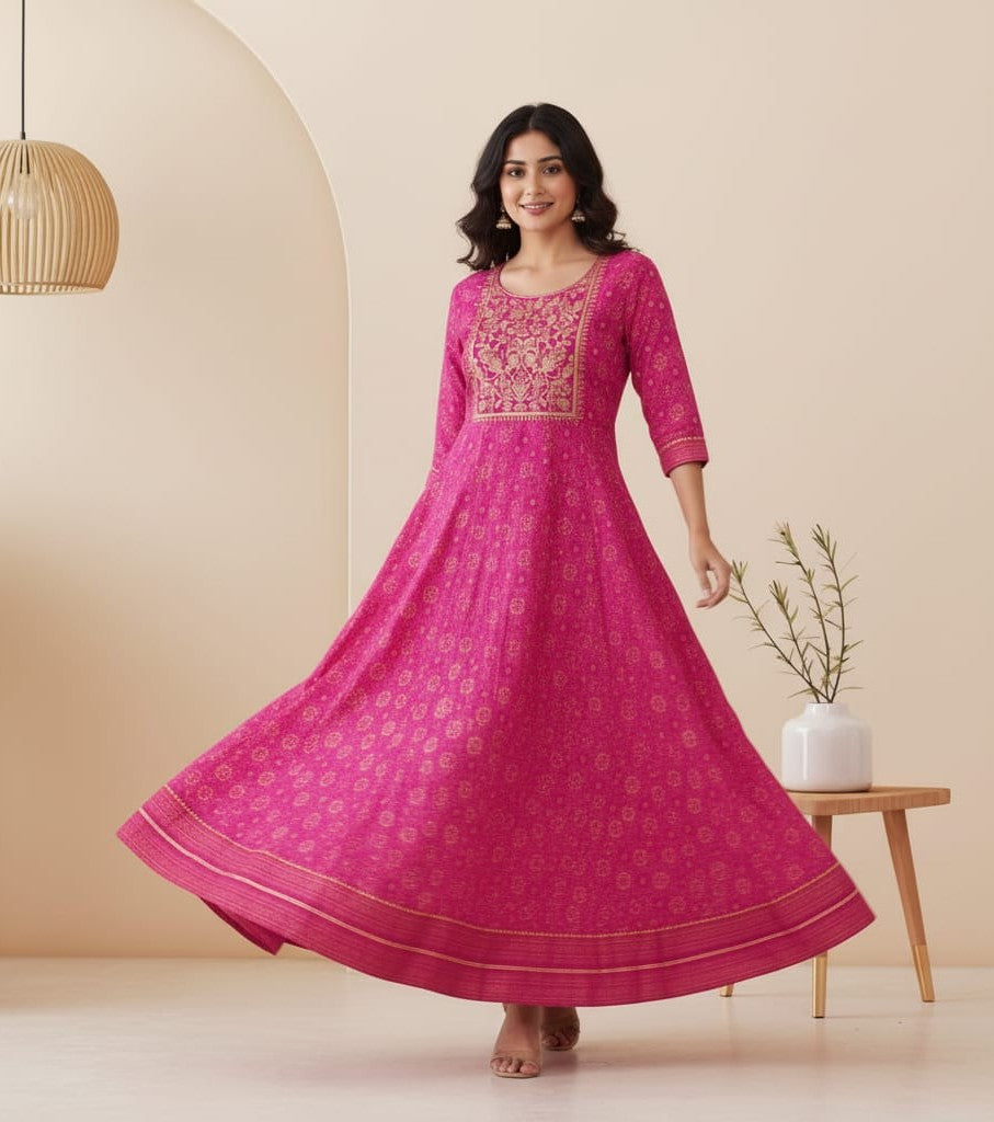 Bandhani Print Embroidered Rayon Ankle-Length Kurti