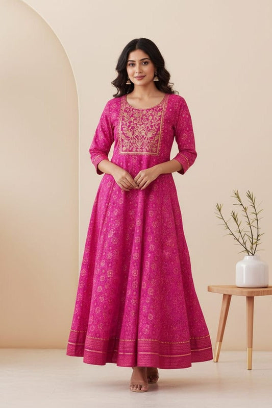 Bandhani Print Embroidered Rayon Ankle-Length Kurti