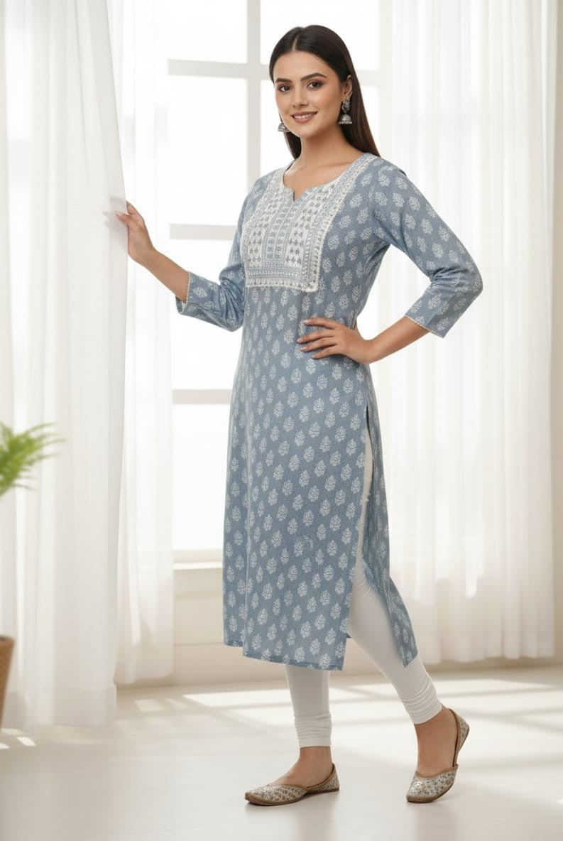 Pure Cotton Embroidered Straight Kurti With Hand Block Print