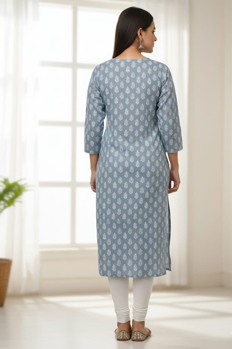 Pure Cotton Embroidered Straight Kurti With Hand Block Print