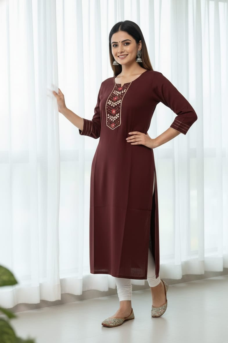 Women's Straight Kurti with Thread Embroidery & Gota Detailing