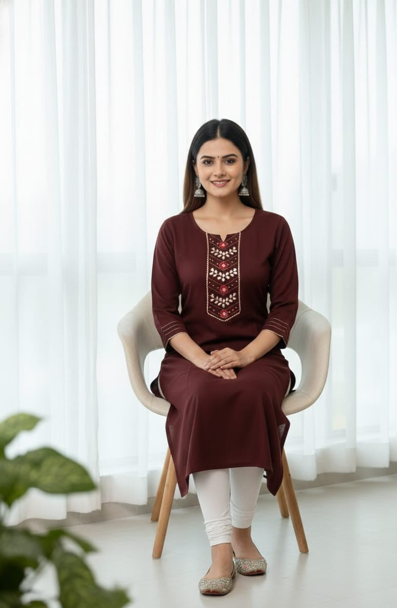 Women's Straight Kurti with Thread Embroidery & Gota Detailing