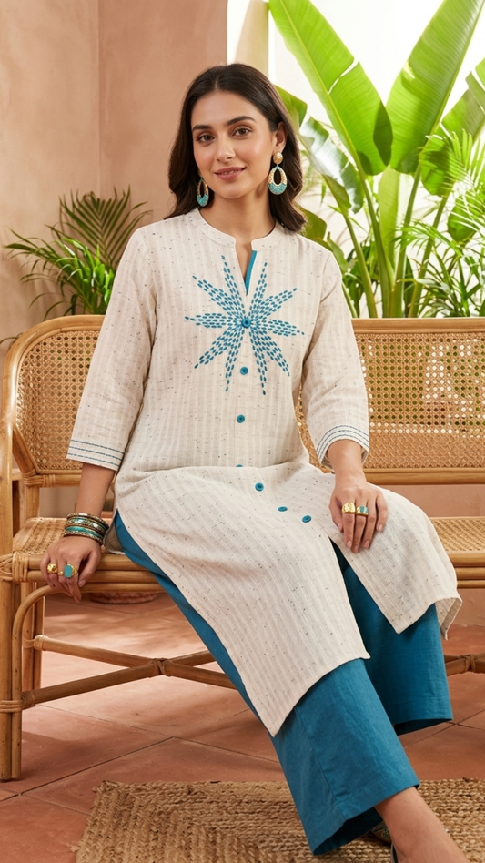 White Embroidered Khadi Cotton Straight Kurta